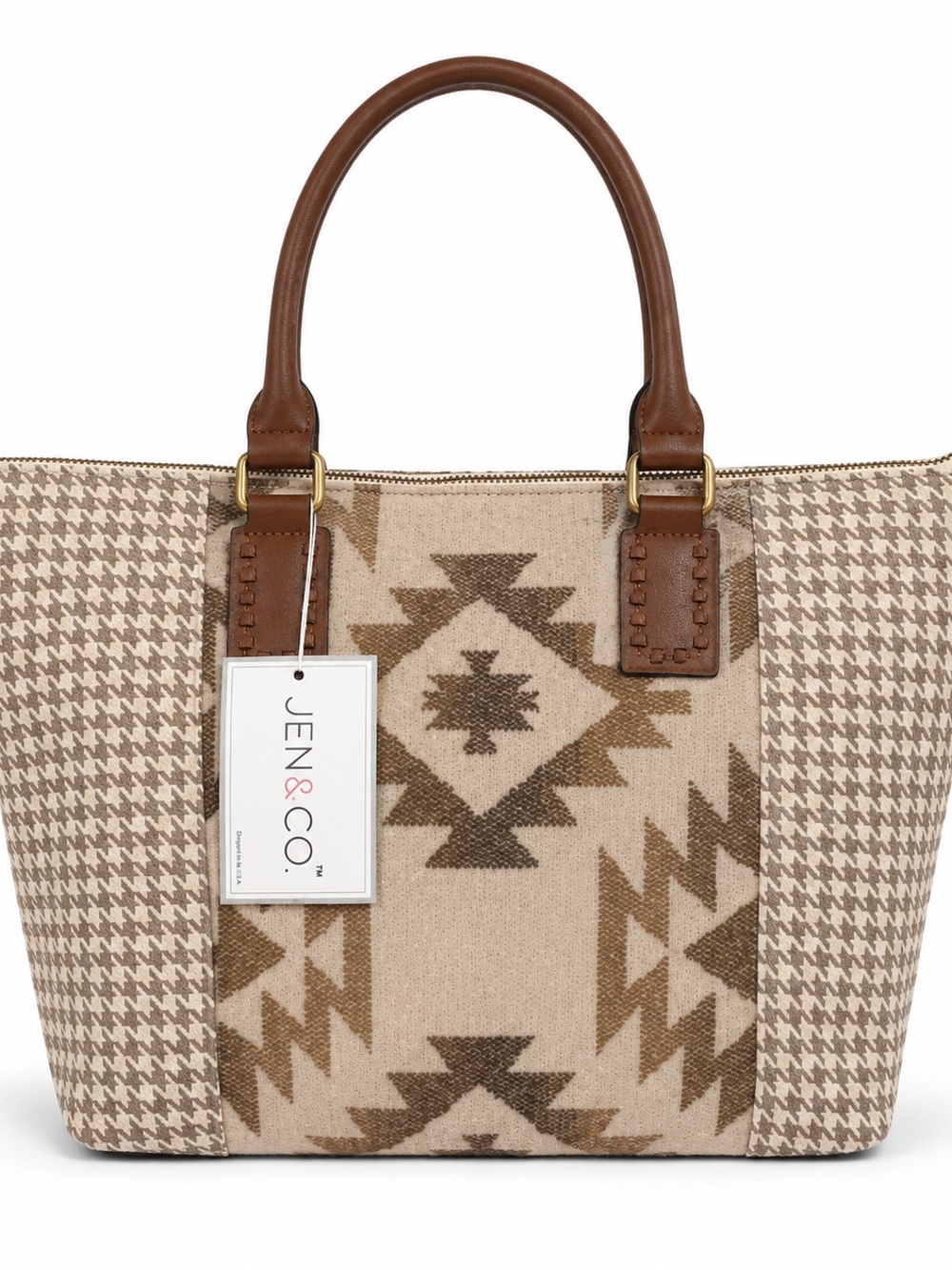Jen & Co. Southwestern Houndstooth Tote Bag NWT Neutral Brown Beige